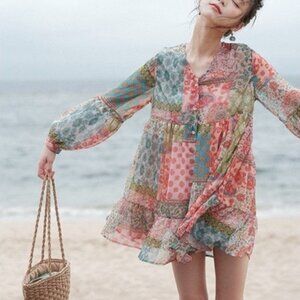 Women Bohemian Style Patchwork Multicolor Paisley V-Neck Short Mini Dress Size L
